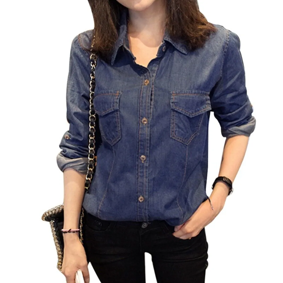 TIOZONEY - Camisa de mezclilla casual Mujer