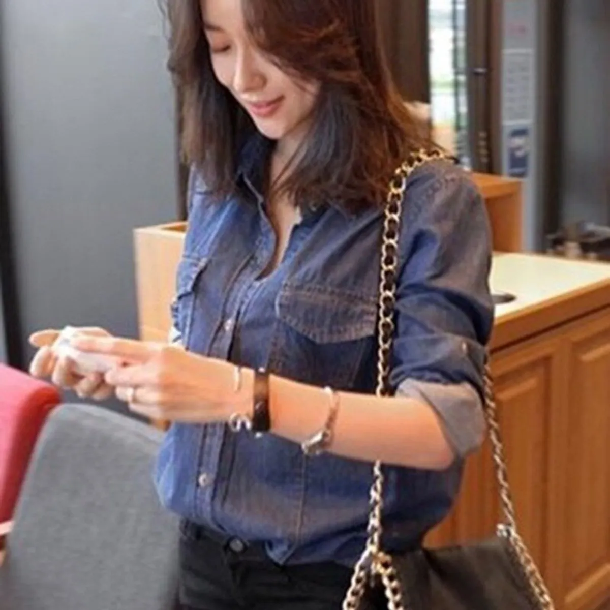 TIOZONEY - Camisa de mezclilla casual Mujer