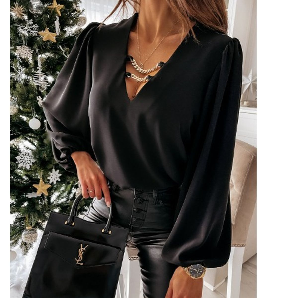 TIOZONEY - Blusa mujer Cuello con Cadenas - Negro