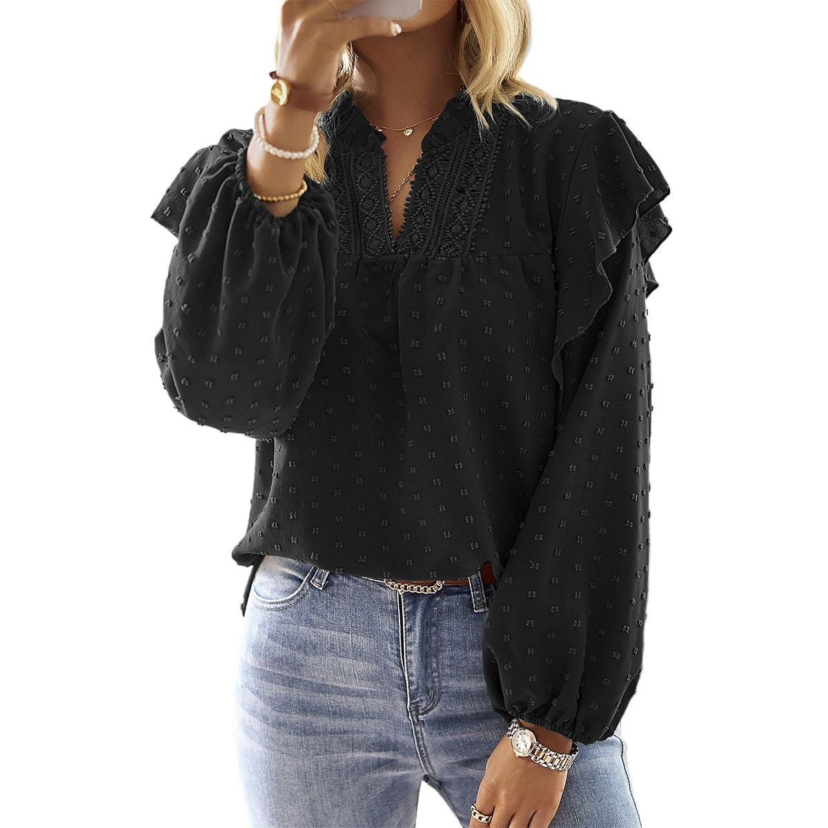 TIOZONEY - Blusa de encaje con cuello en V - Negro