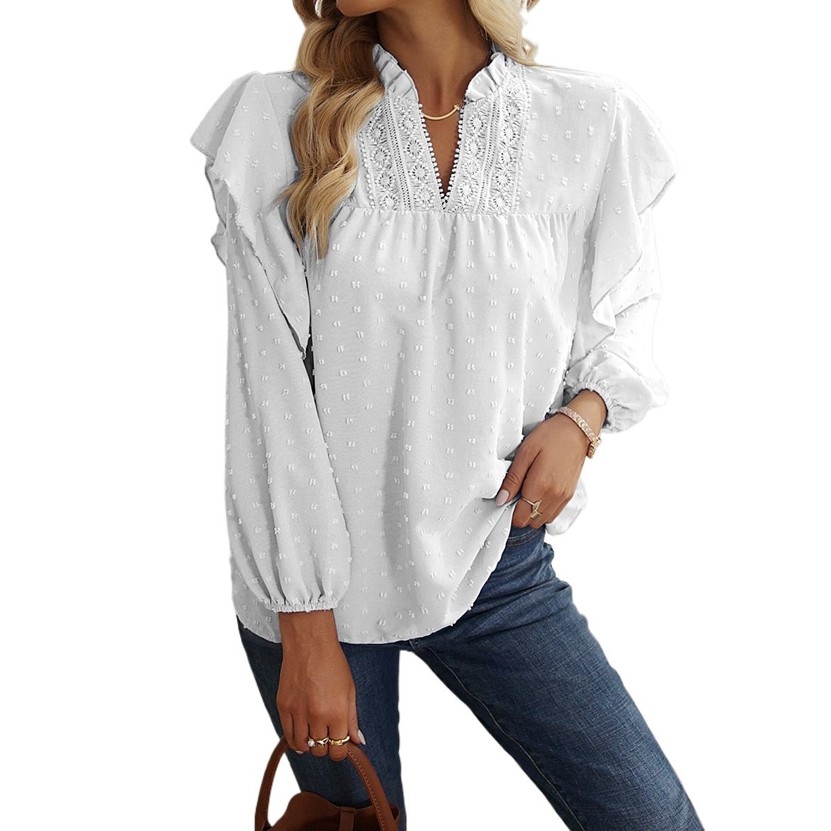 TIOZONEY - Blusa de encaje con cuello en V - Blanco