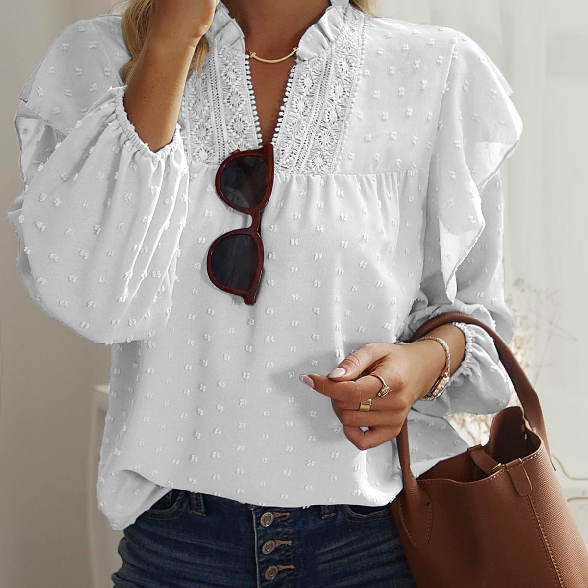 TIOZONEY - Blusa de encaje con cuello en V - Blanco