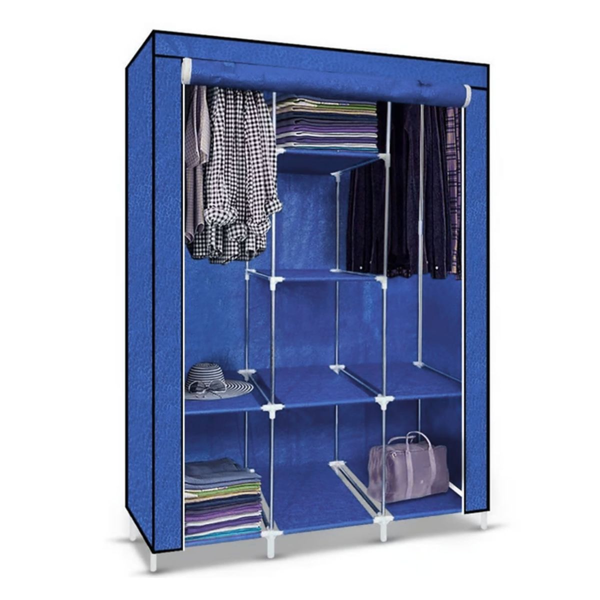 PENTHA - Ropero Armable de Tela Armario de 3 Cuerpos con 8 Divisiones Azul