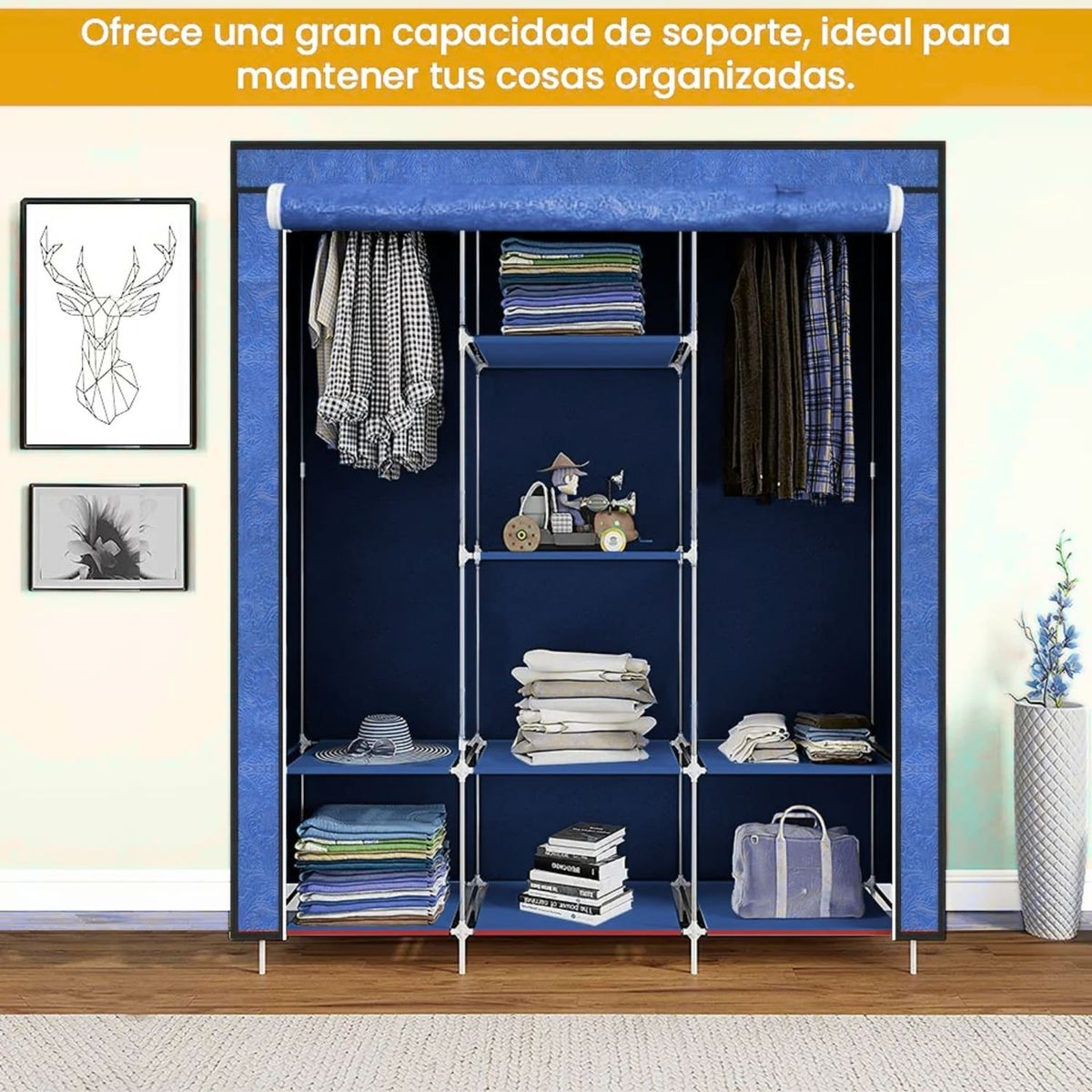 PENTHA - Ropero Armable de Tela Armario de 3 Cuerpos con 8 Divisiones Azul