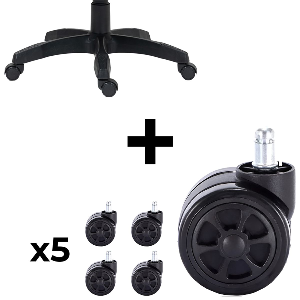 DREIZT - COMBO BASE PARA SILLA GAMER REPUESTO SHINE NEGRO + PACK 5 RUEDAS PARA SILLA