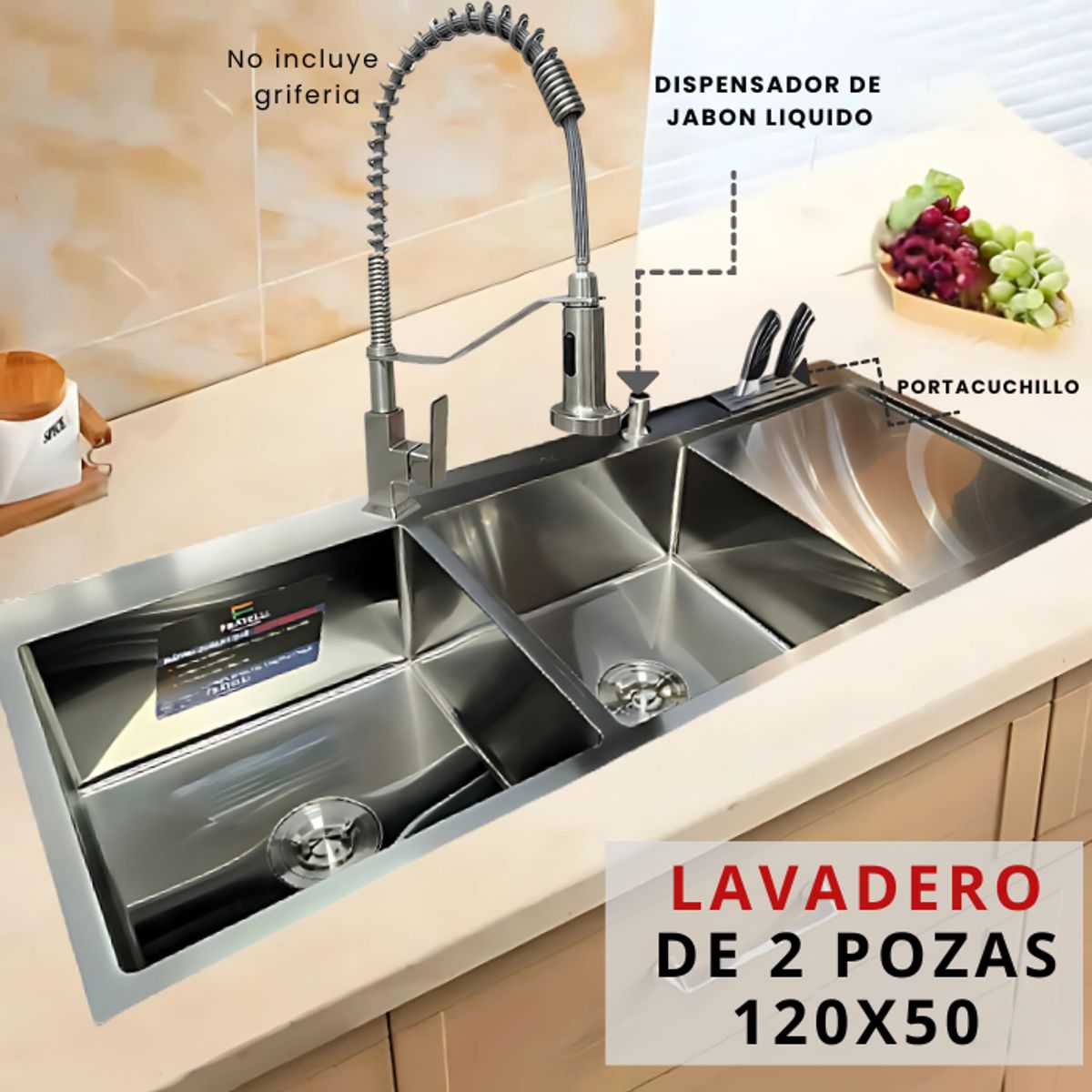 FRATELLI - LAVADERO DE COCINA 2 POZA CON ESCURRIDERO Y PORTACUCHILLO SATINADA