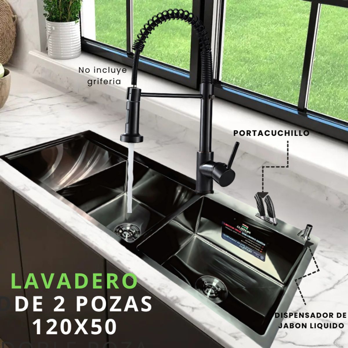 FRATELLI - LAVADERO DE COCINA 2 POZA CON ESCURRIDERO Y PORTACUCHILLO NEGRO