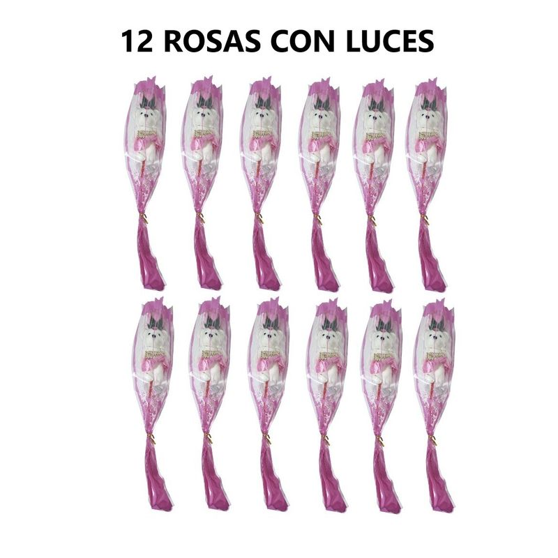 GENERICO - 12 Rosas Con Oso Y Luces 3 Velocidades - Rosa