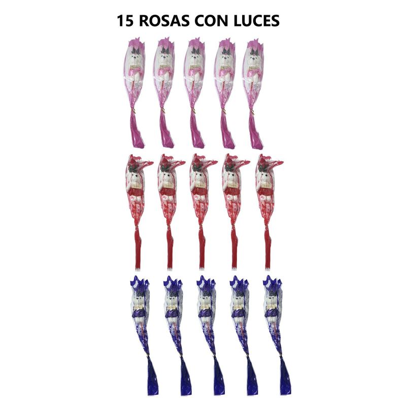 GENERICO - 15 Rosas Con Oso Y Luces 3 Velocidades - ROSA MORADO Y ROJO