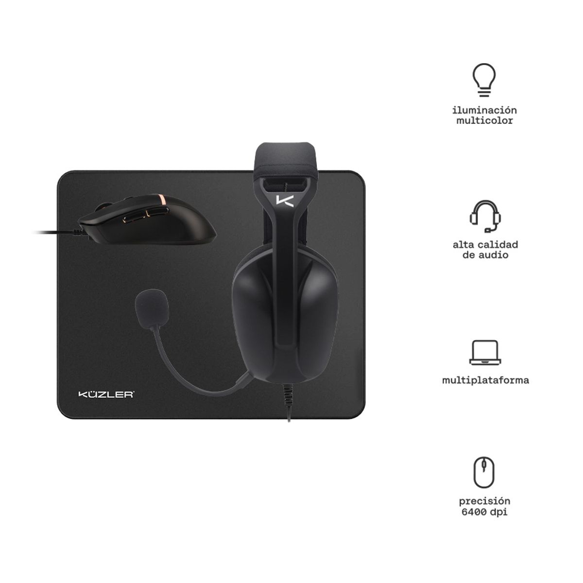 KUZLER - Combo Gamer 3 en 1: Audífonos + Mouse + Mousepad Antideslizante