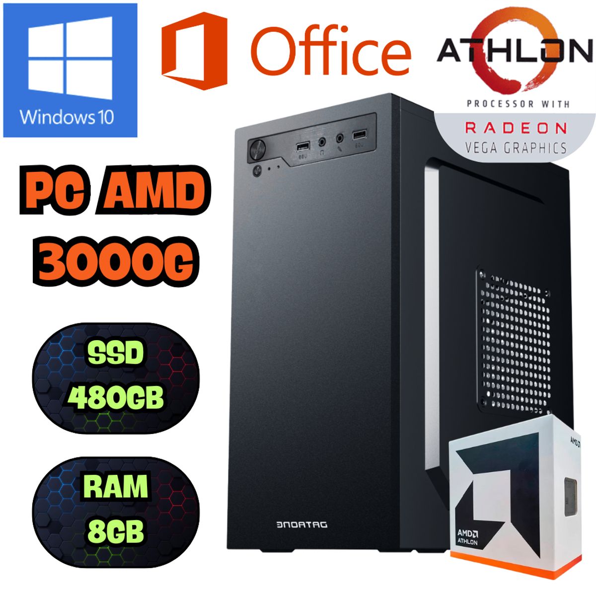 AMD - COMPUTADORA PC AMD ATHLON 3000G RADEON VEGA SSD 500GB RAM 8GB