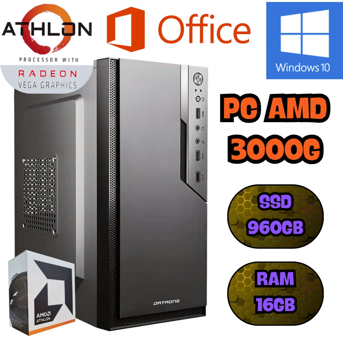 AMD - COMPUTADORA PC AMD ATHLON 3000G RADEON VEGA SSD 960GB RAM 16GB