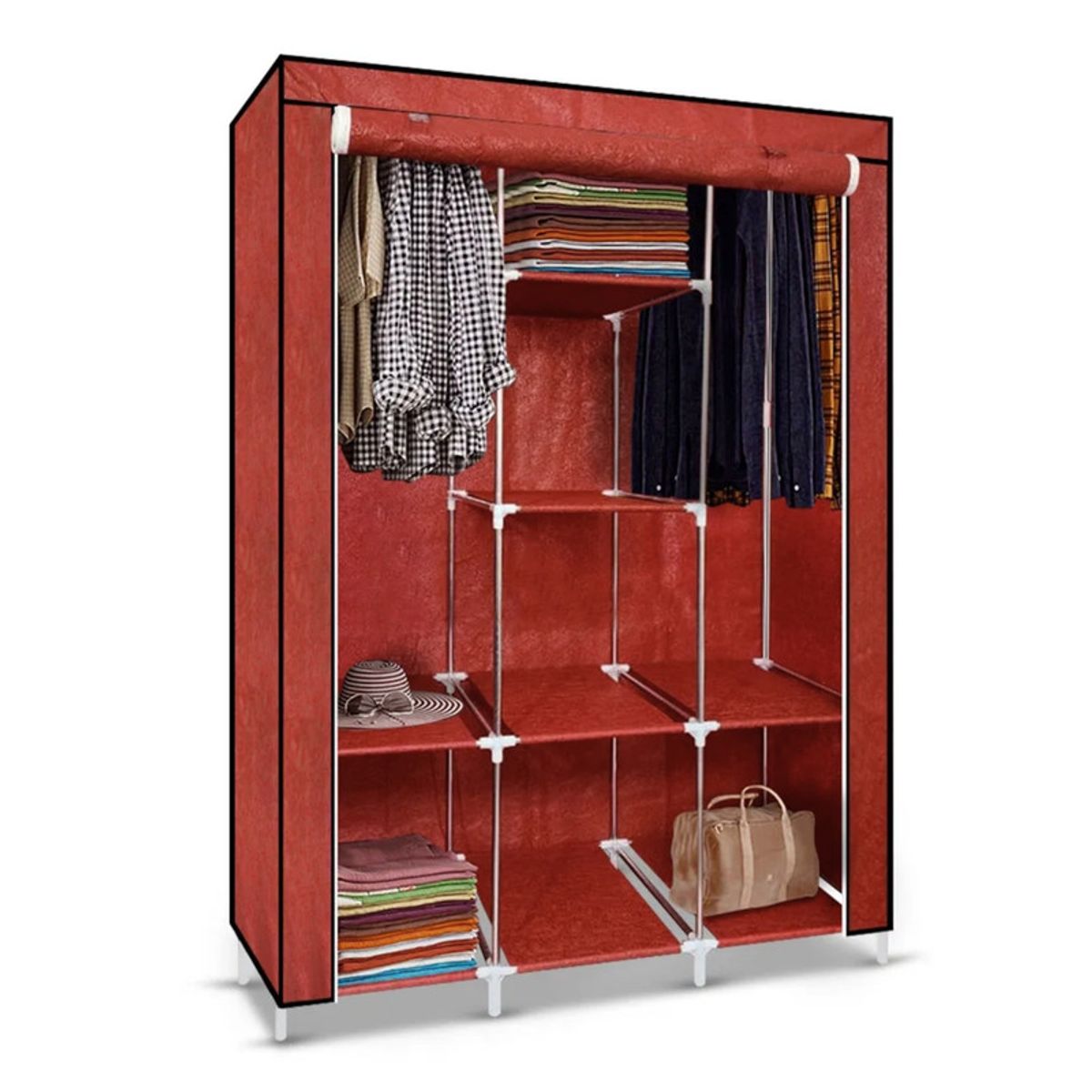 PENTHA - Ropero Armable de Tela Armario de 3 Cuerpos con 8 Divisiones Rojo