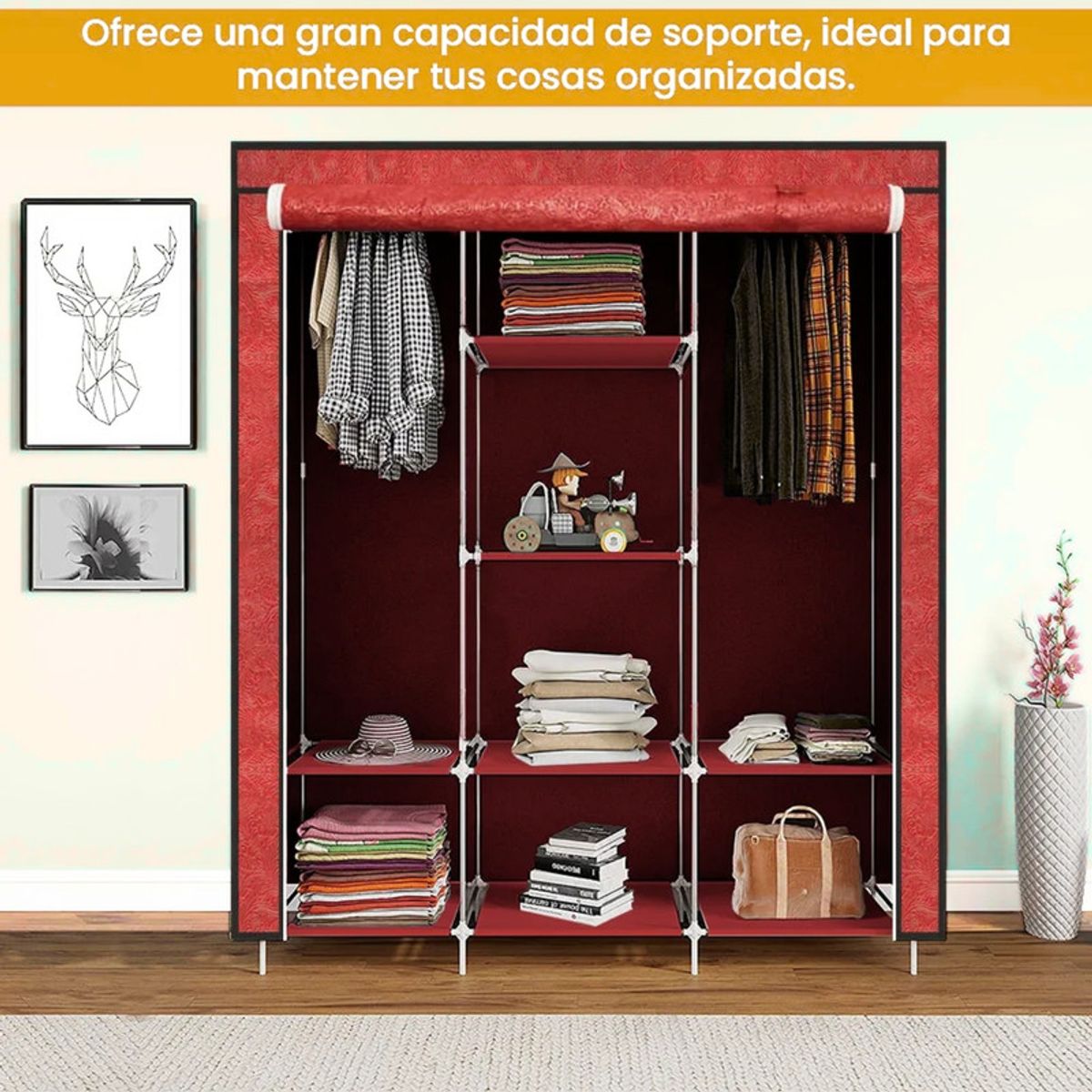 PENTHA - Ropero Armable de Tela Armario de 3 Cuerpos con 8 Divisiones Rojo