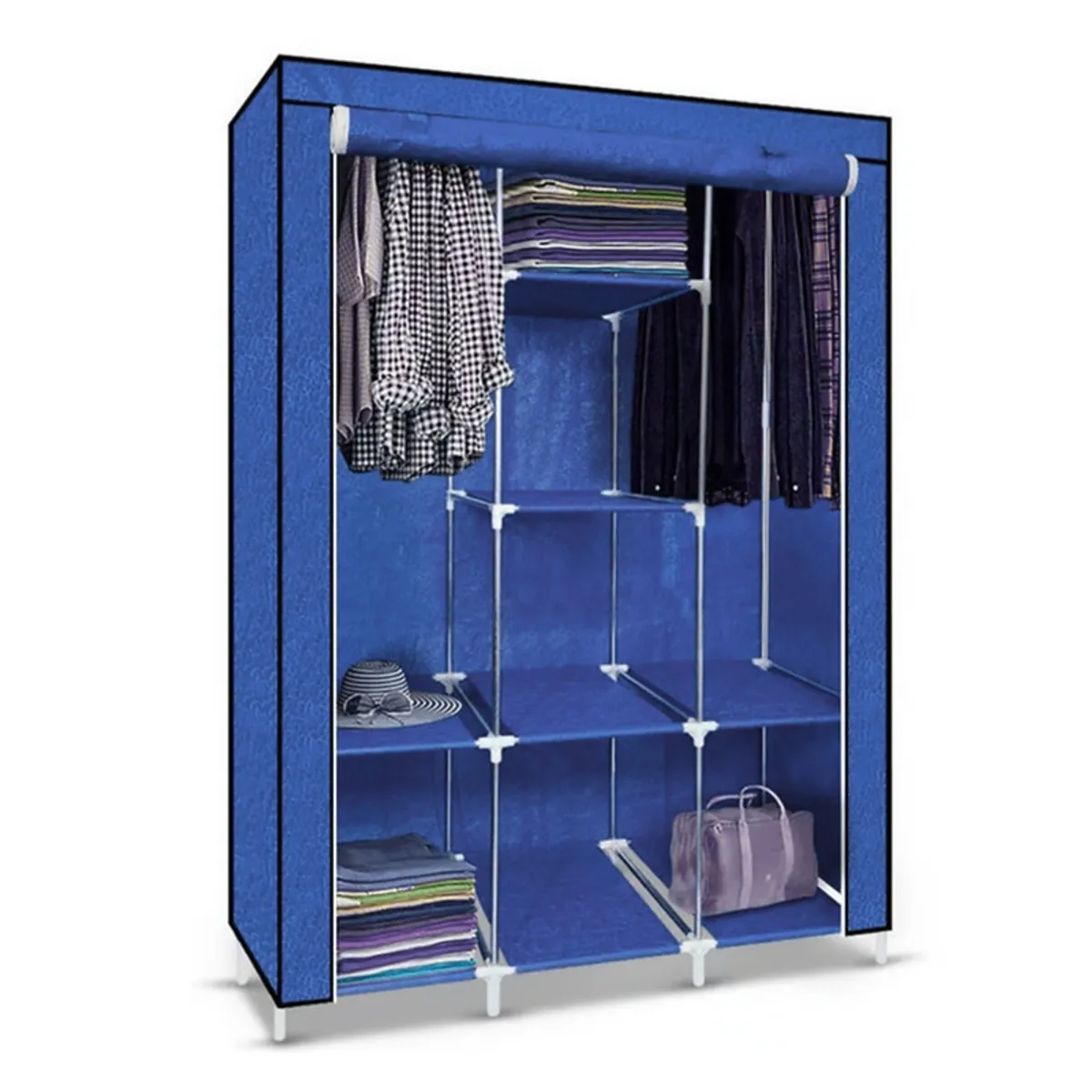 PENTHA - Ropero Armable de Tela Armario de 3 Cuerpos con 8 Divisiones Azul