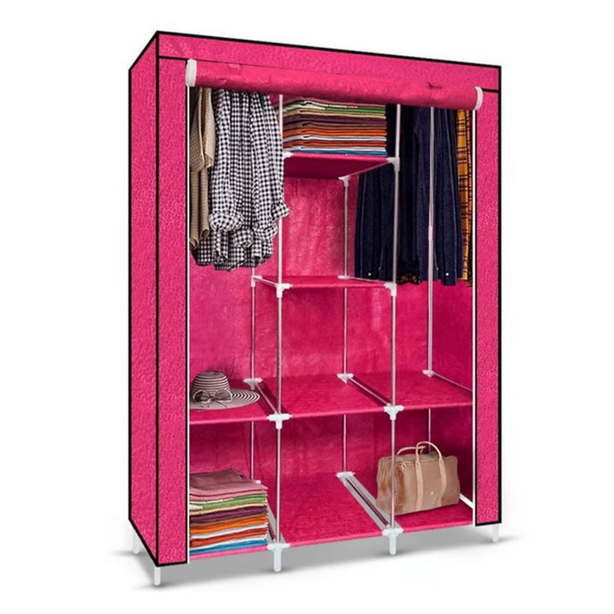 PENTHA - Ropero Armable de Tela Armario de 3 Cuerpos con 8 Divisiones Fucsia