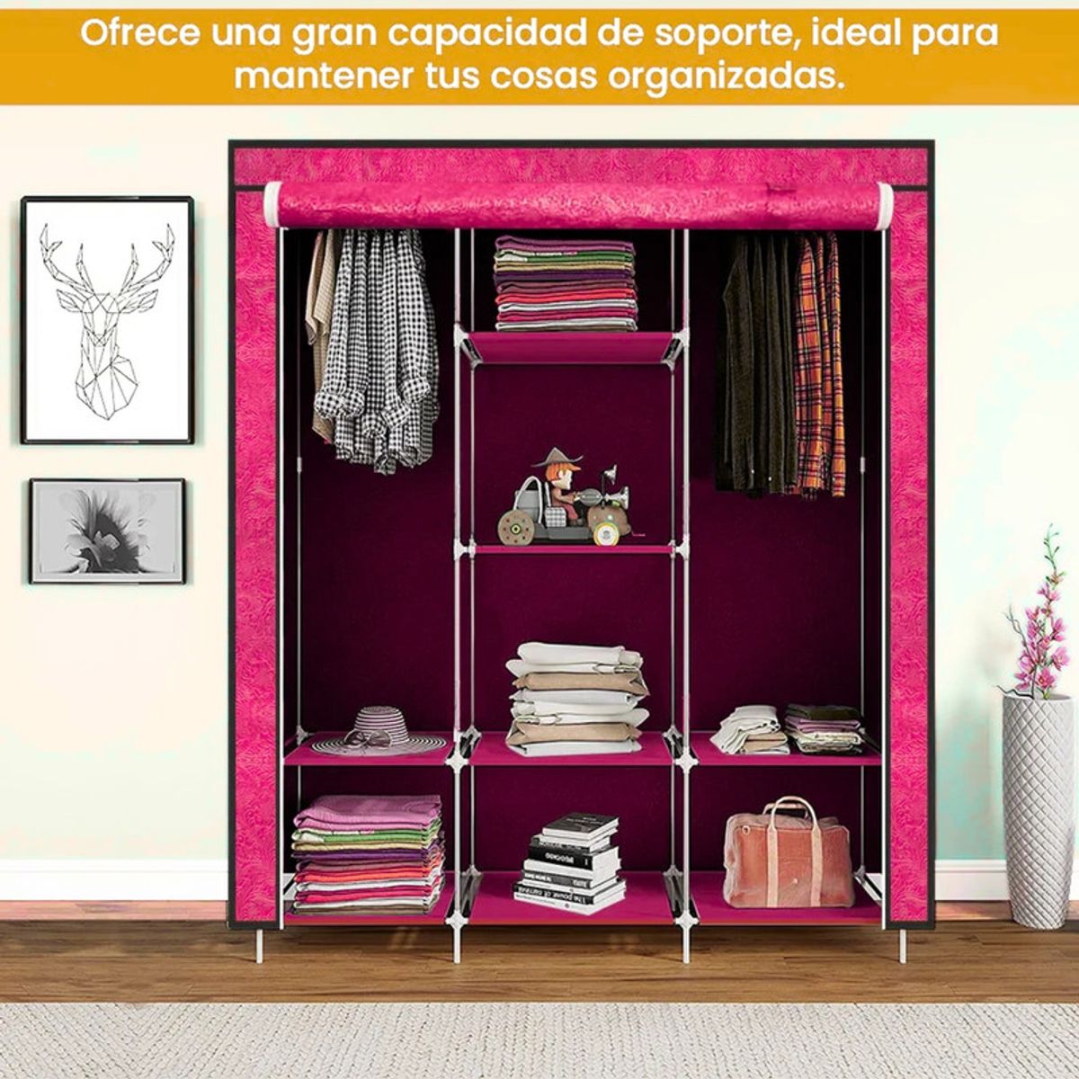 PENTHA - Ropero Armable de Tela Armario de 3 Cuerpos con 8 Divisiones Fucsia