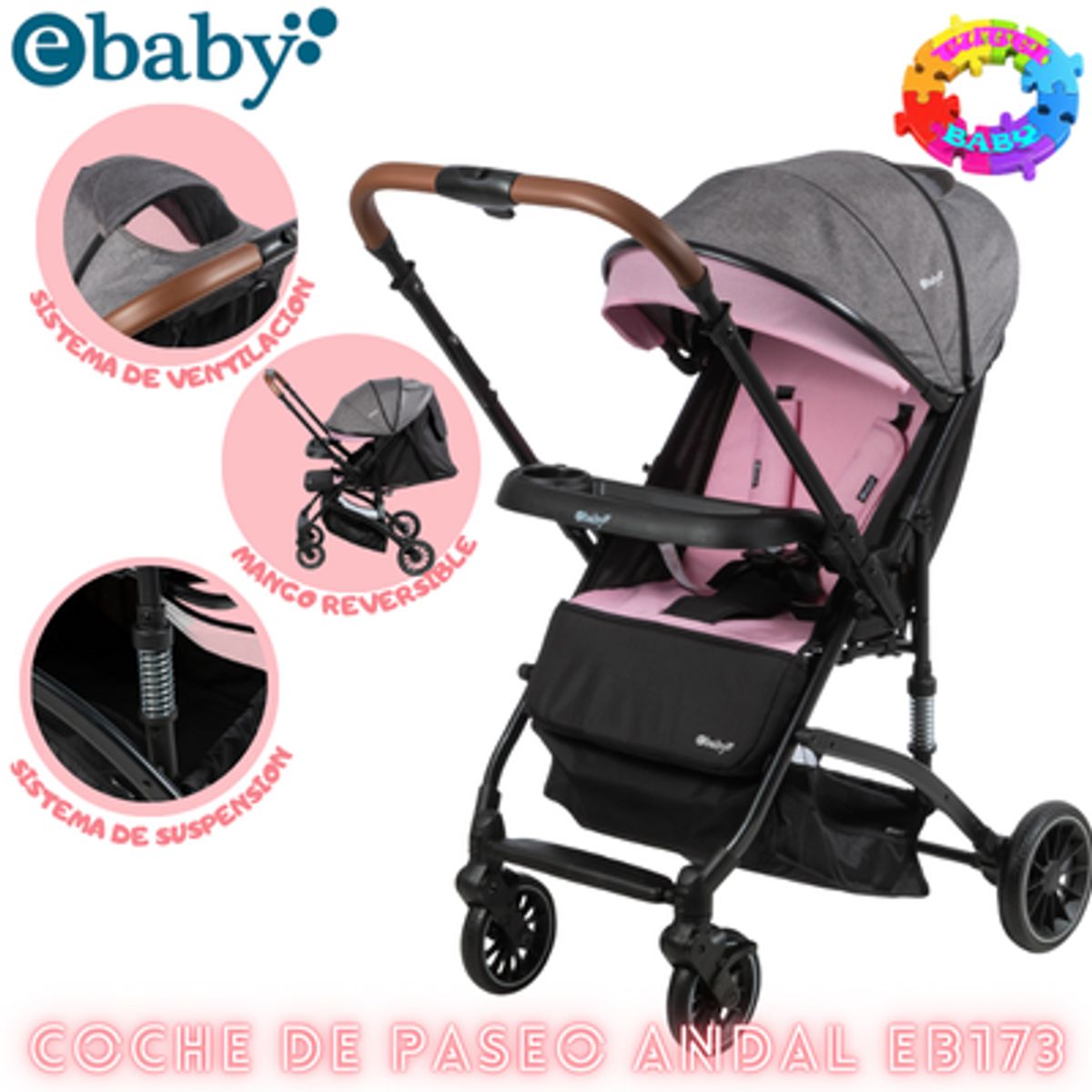 EBABY - COCHE DE PASEO ANDAL EBABY 173 CON MANGO REVERSIBLE-ROSADO