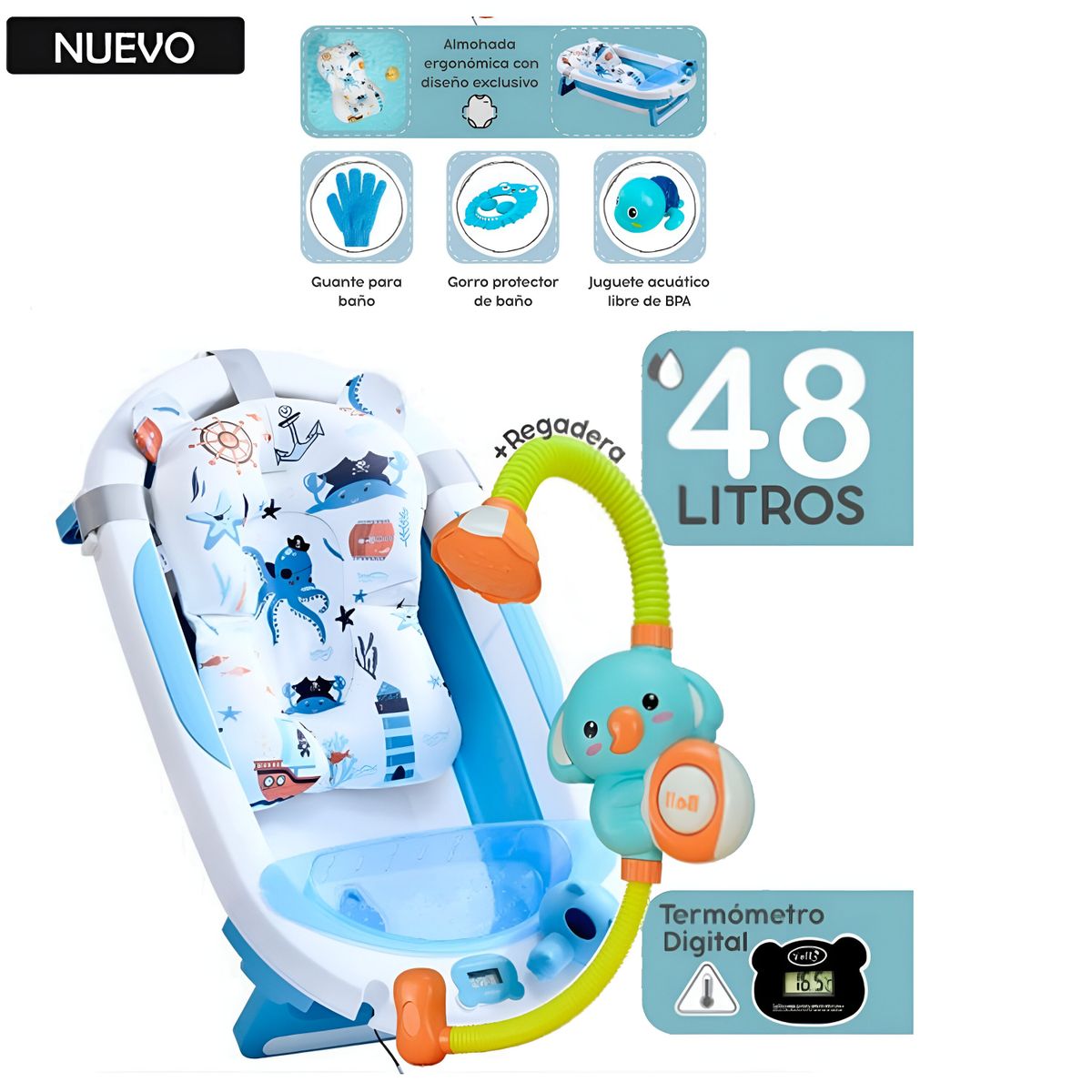 GENERICO - Bañera plegable Nemo con Termómetro Azul