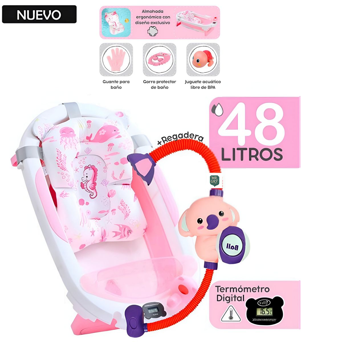 GENERICO - Bañera plegable Nemo con Termómetro Rosado