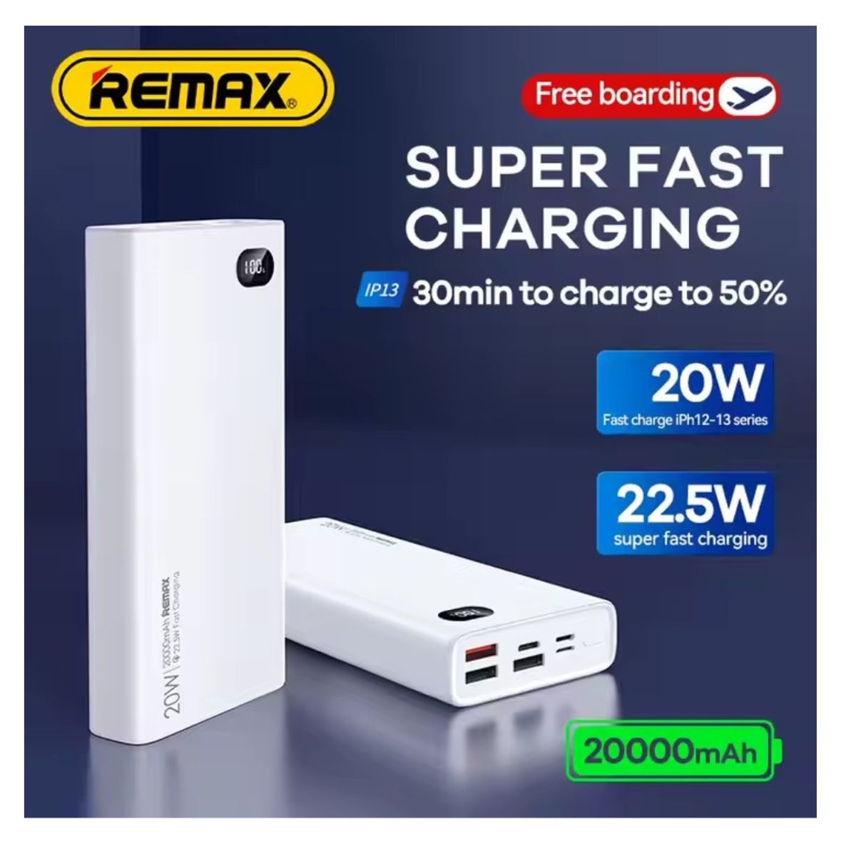 REMAX - POWER BANK 20000mAh PD20W+QC225W  AZUL + CABLE C-C LED DE 65W