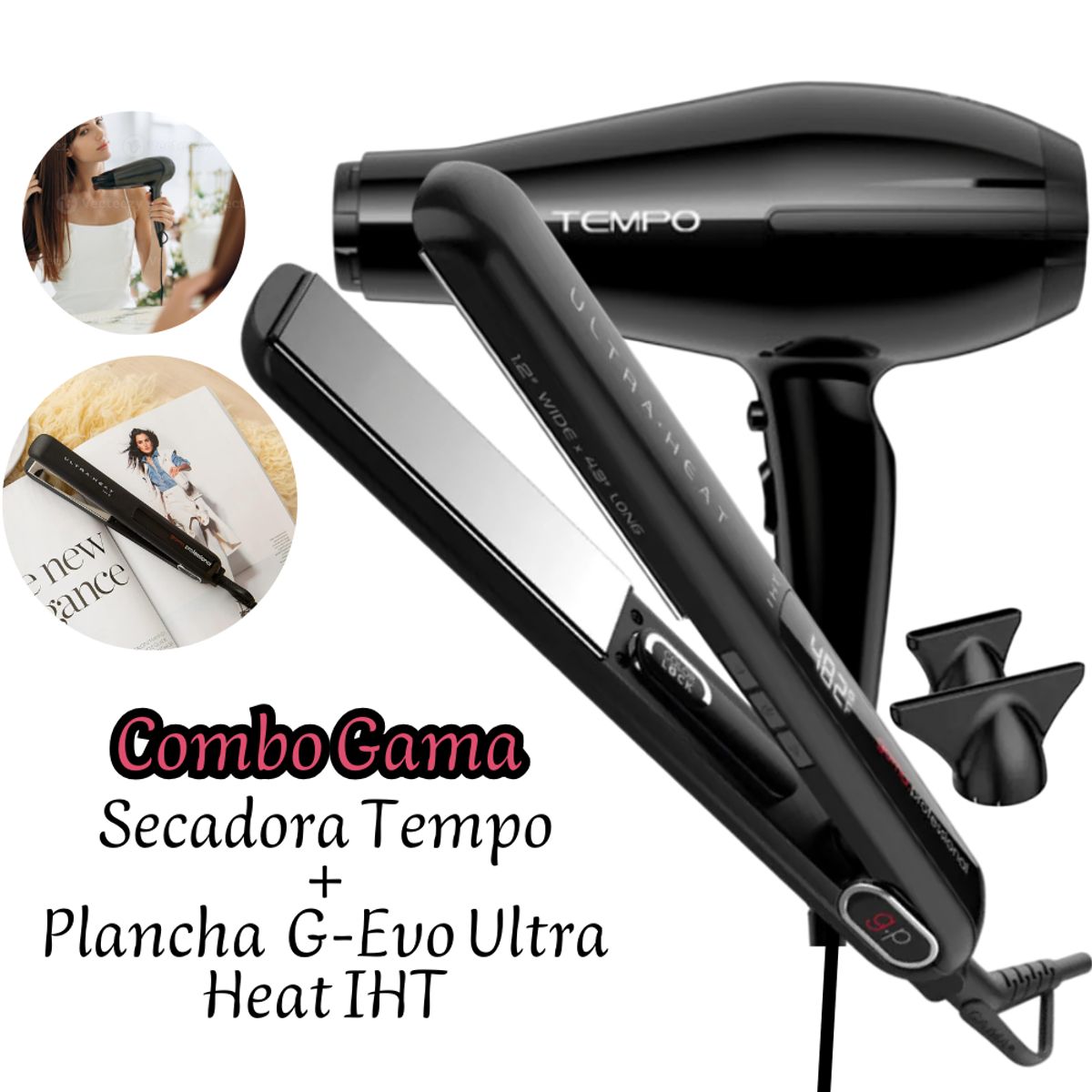 GAMA - Combo Gama Secadora de Cabello Tempo Negra + Plancha G-EVO Ultra Heat