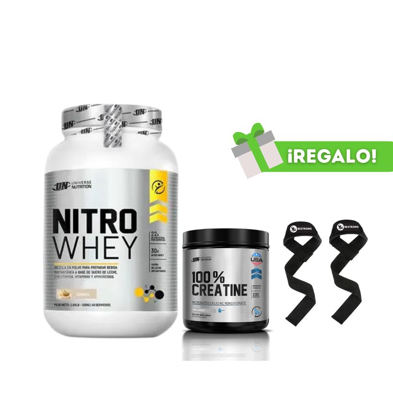 UNIVERSE NUTRITION - PROTEÍNA NITRO WHEY 1 KG COOKIES+ CREATINA UNIVERSE NUTRITION 250G + STRAPS