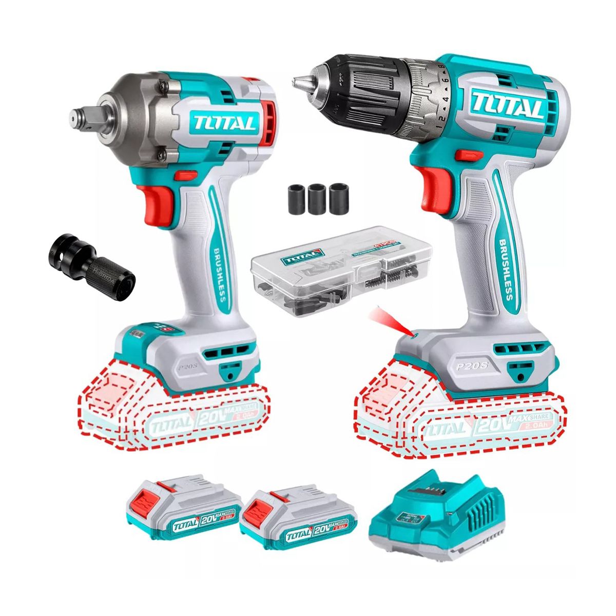 TOTAL TOOLS - TALADRO ATORNILLADOR BL + LLAVE DE IMPACTO 20V TOTAL + 2BATS + ADAP