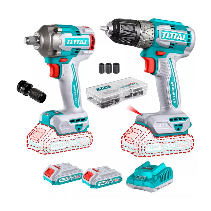 TOTAL TOOLS - TALADRO ATORNILLADOR BL + LLAVE DE IMPACTO 20V TOTAL + 2BATS + ADAP