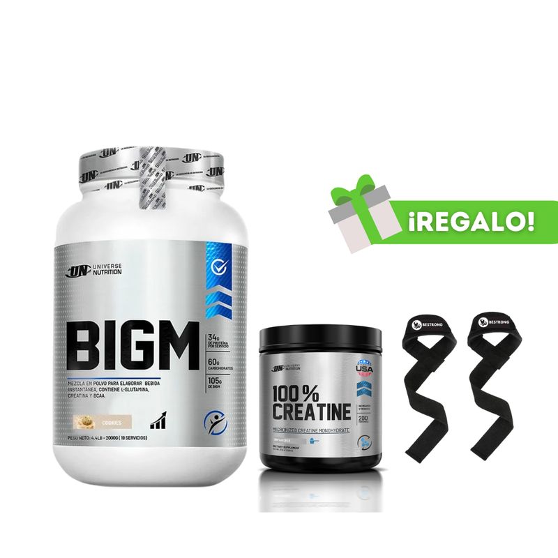 UNIVERSE NUTRITION - PROTEÍNA BIGM 2KG COOKIES+ CREATINA NUTRITION 250G + STRAPS