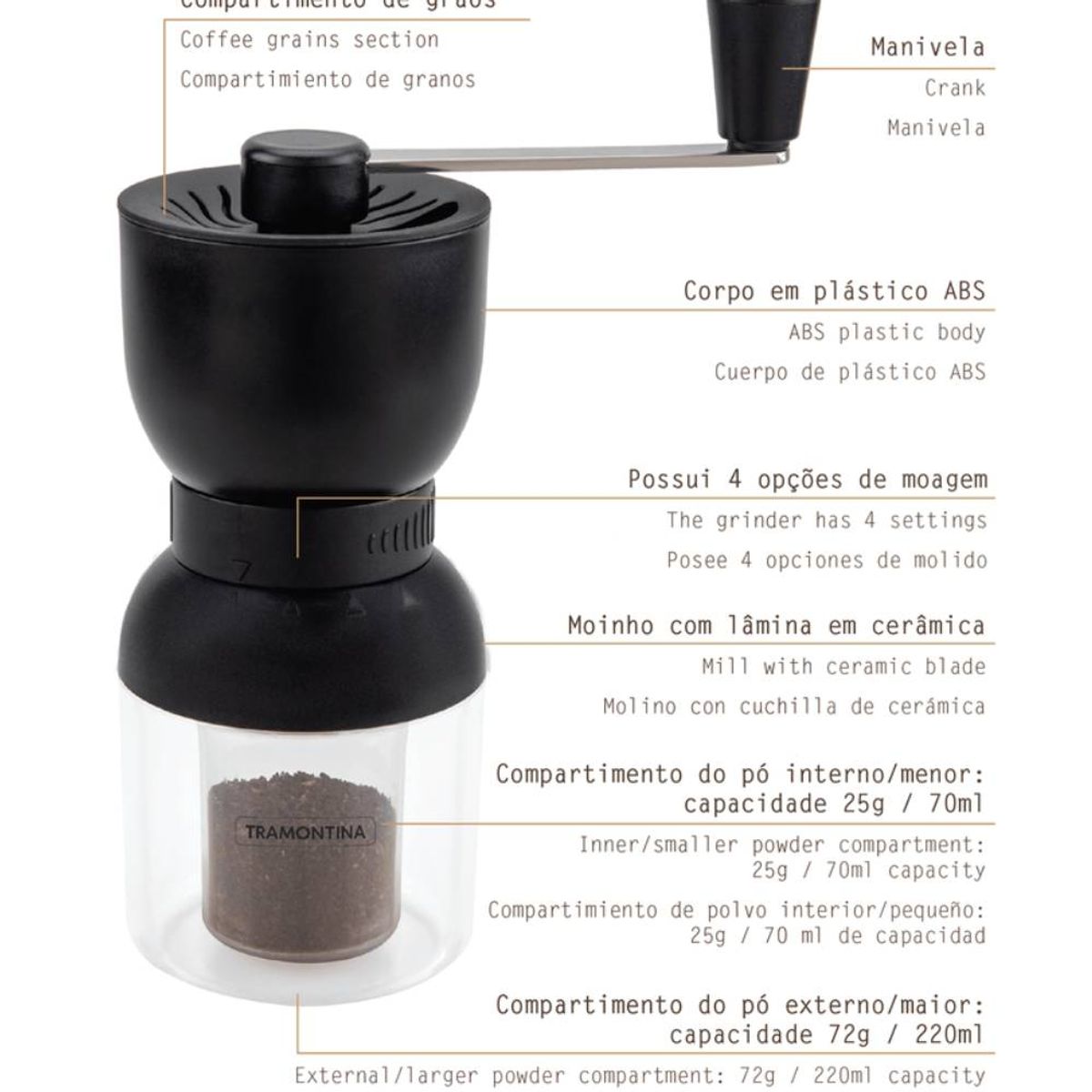 TRAMONTINA - Molinillo de Café Tramontina en Plástico ABS con Molino de Cerámica