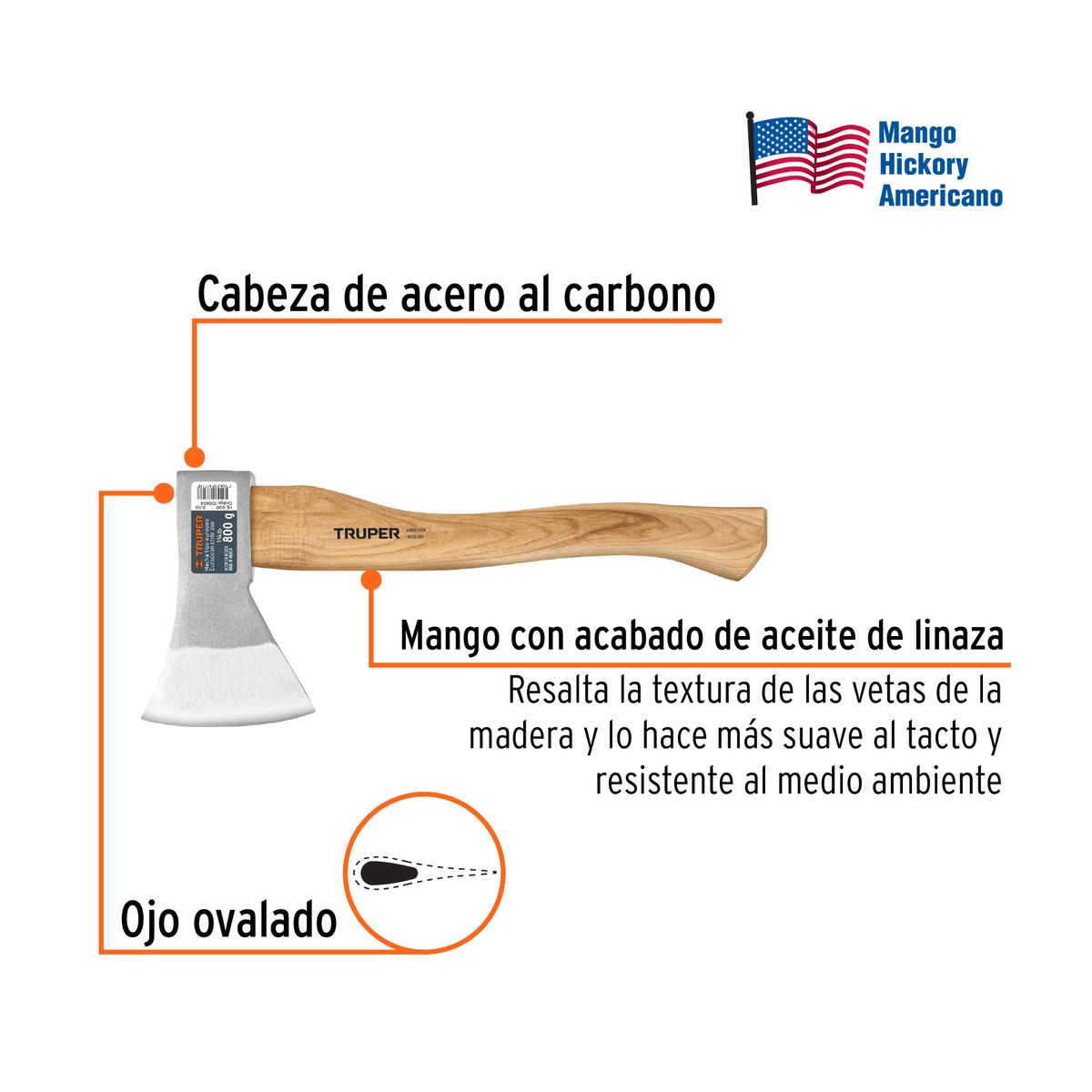 TRUPER - Hacha europea mango de madera 15 1/2" Truper