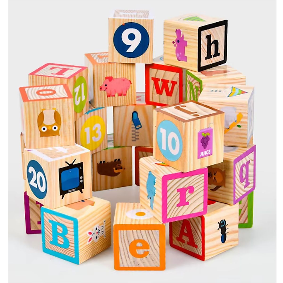 GENERICO - Set de 26 Cubos Didácticos de Madera - Abecedario + Números