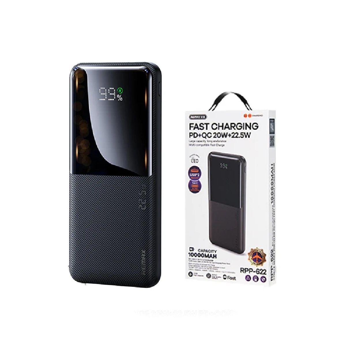 REMAX - Power Bank Remax de 10000mAh RPP-622 Carga Rápida Negro