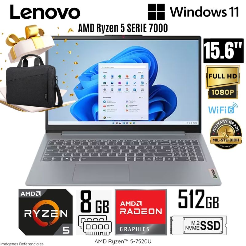 LENOVO - Laptop Lenovo Ideapad Slim 3 AMD Ryzen 5-7520U 8GB RAM 512GB SSD 15.6"  FHD 82XQ00N5LM + Maletín