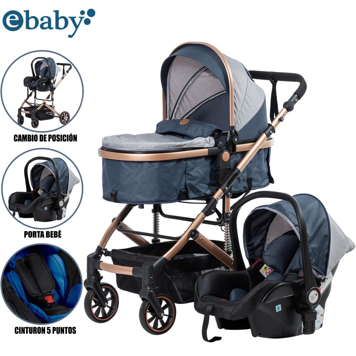 EBABY - Coche Cuna Moisés de Lujo «COMFORT» Con Porta Bebé Blue