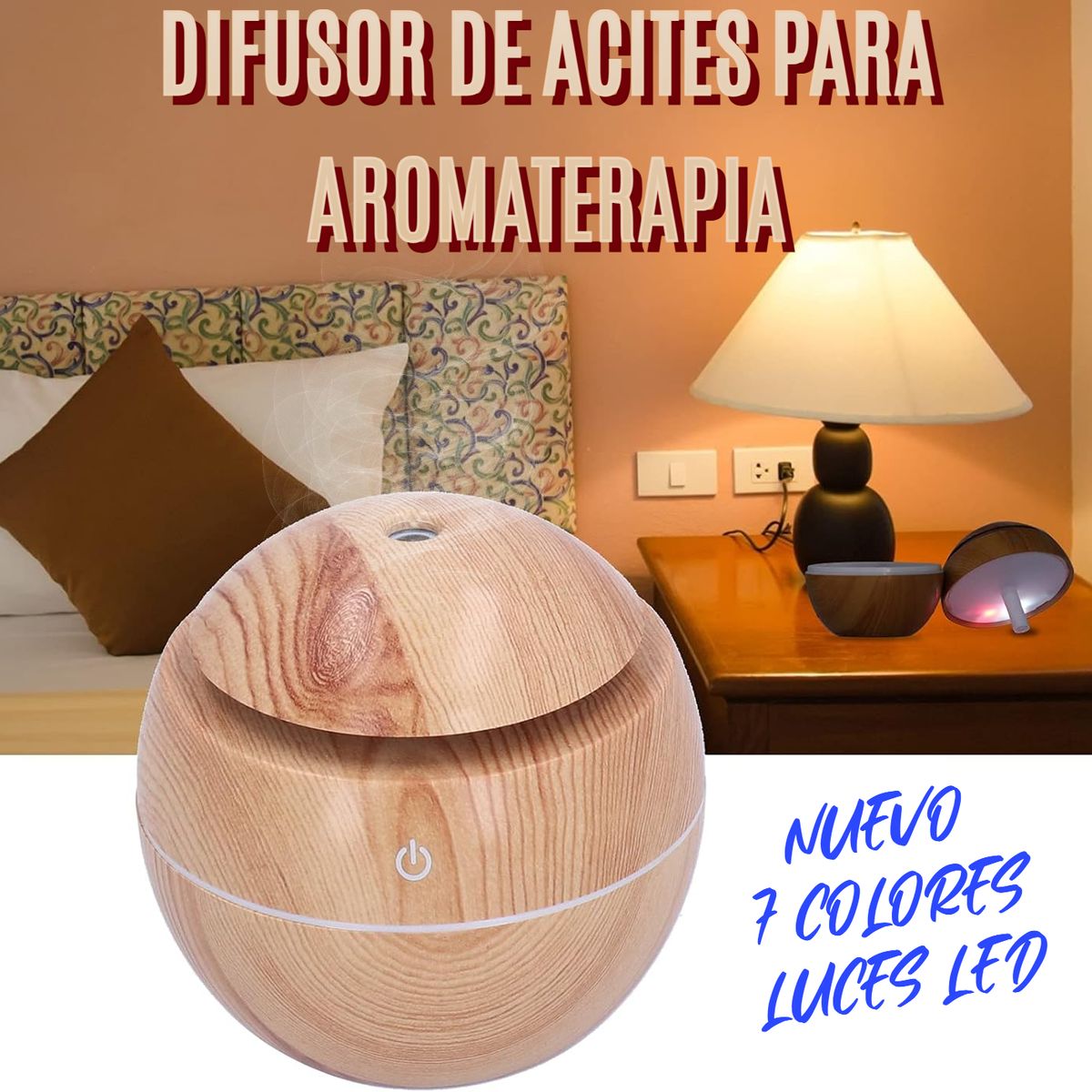 GENERICO - HUMIDIFICADOR DIFUSOR DE AROMAS ACEITES PARA AROMATERAPIA LÁMPARA 7 COLORES LUCES LED