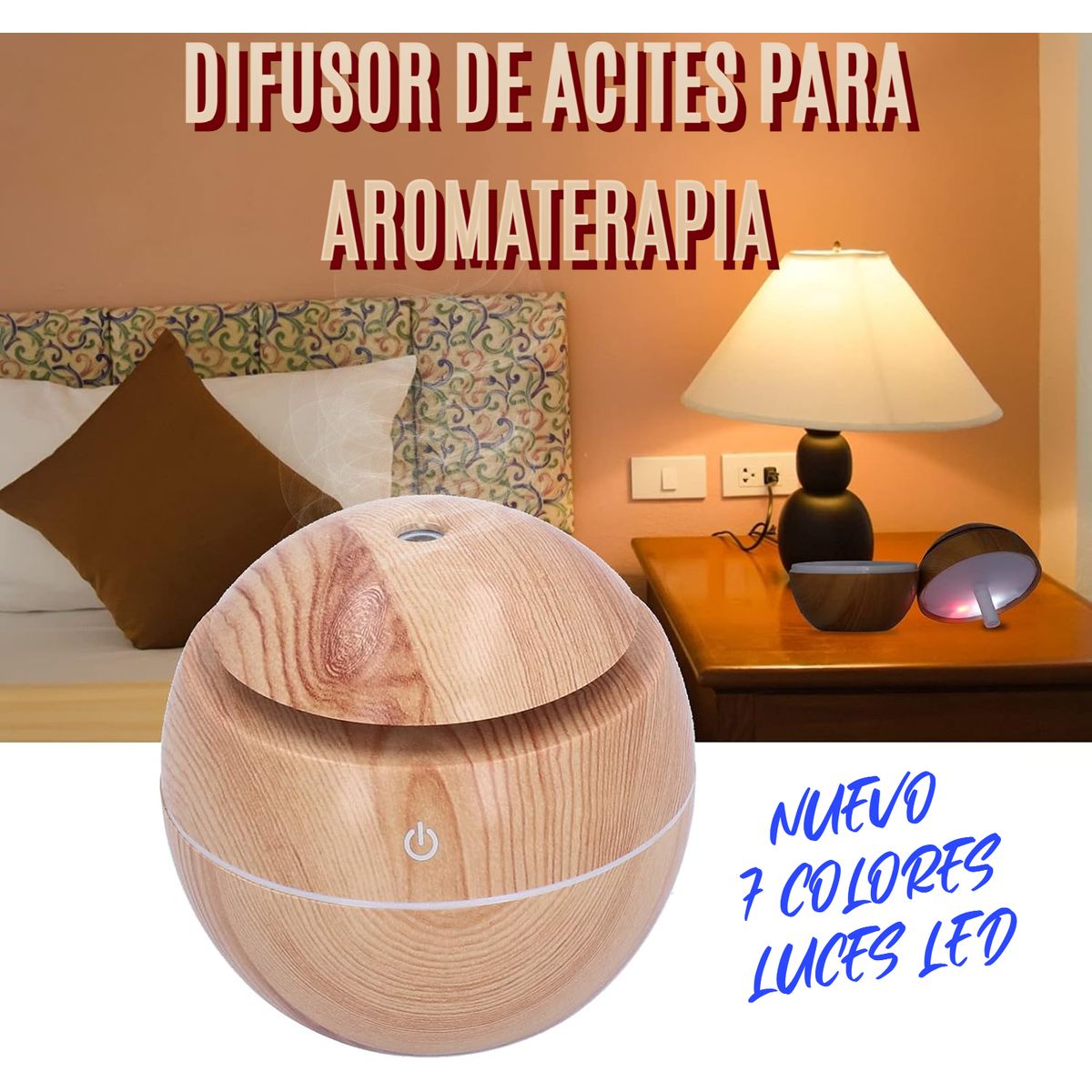 GENERICO - HUMIDIFICADOR DIFUSOR DE AROMAS ACEITES PARA AROMATERAPIA LÁMPARA 7 COLORES LUCES LED