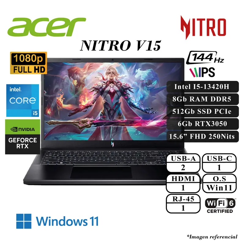 ACER - LAPTOP ACER NITRO V15 INTEL I5-13420H 8GB DRR5 512SSD 6GB RTX3050 15.6 FHD 144HZ WIN11