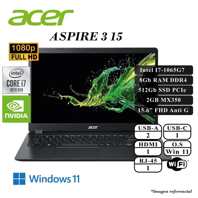ACER - LAPTOP ACER ASPIRE 3 INTEL I7-1065G7 8GB RAM 512GB SSD2GB NVIDIA MX330 15.6 FHD