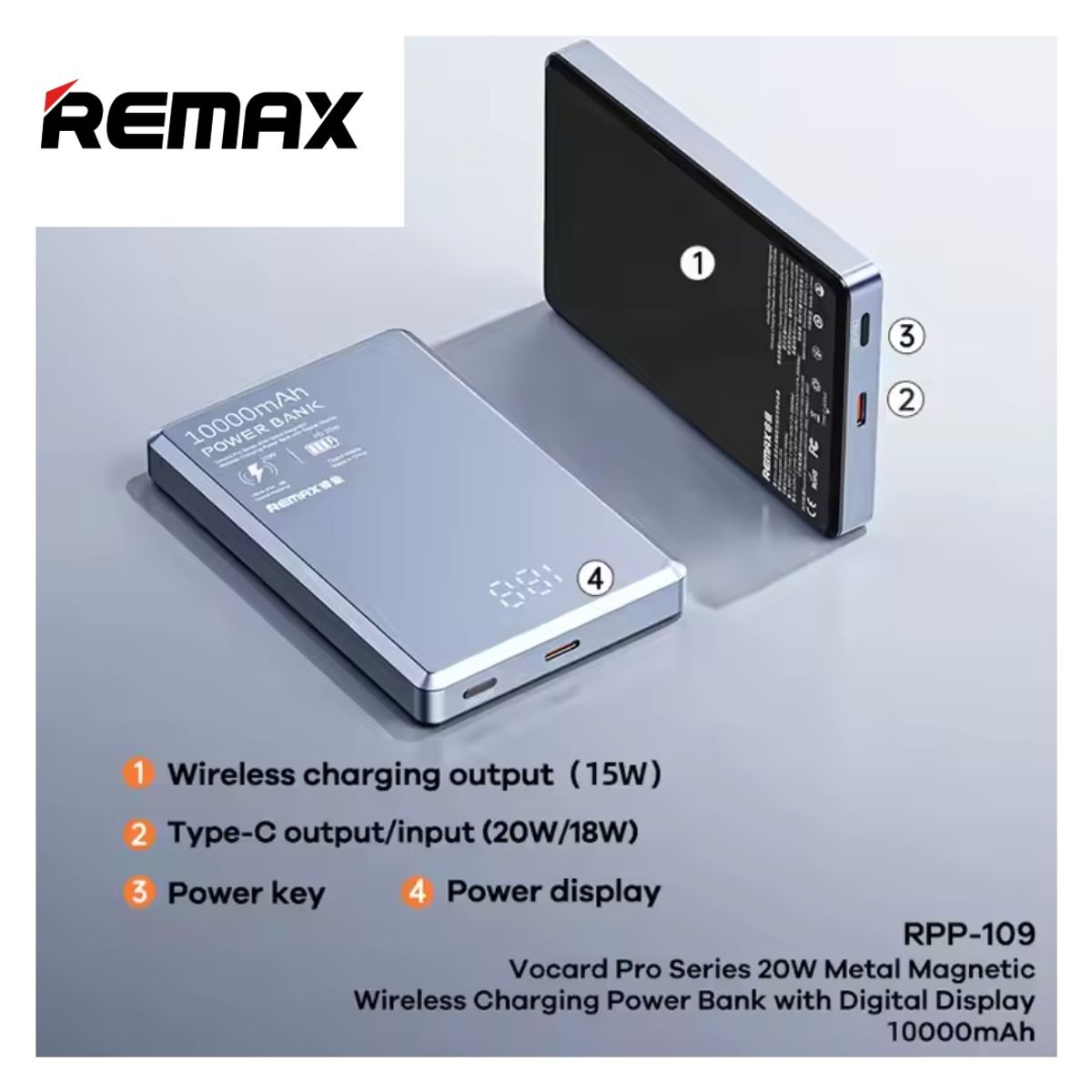 REMAX - Power Bank Magnético Carga Inalámbrica Remax RPP-109 10000mAh Gris