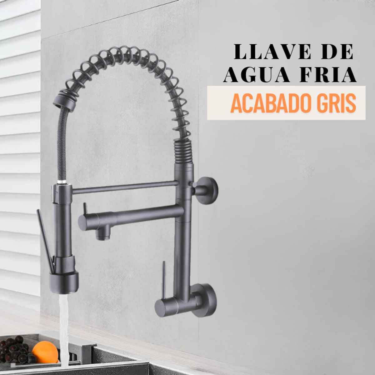 FRATELLI - GRIFERÍA DE COCINA RESORTE  DOBLE PICO A LA PARED GRIS