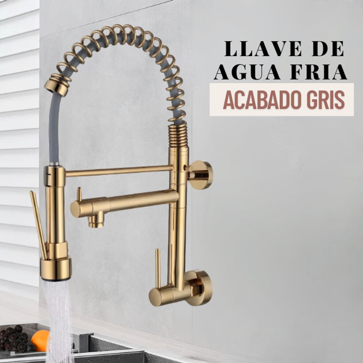 FRATELLI - GRIFERÍA DE COCINA RESORTE  DOBLE PICO A LA PARED DORADO