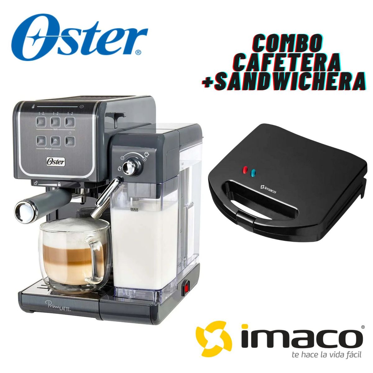 OSTER - Combo Cafetera Oster PrimaLatte BVSTEM6801M +Sandwichera Imaco Ist101N