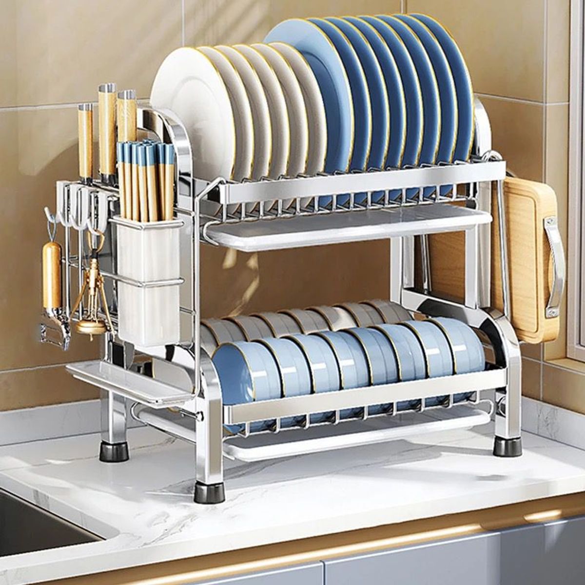 GENERICO - Escurridor organizador de Platos de Acero inoxidable con accesorios