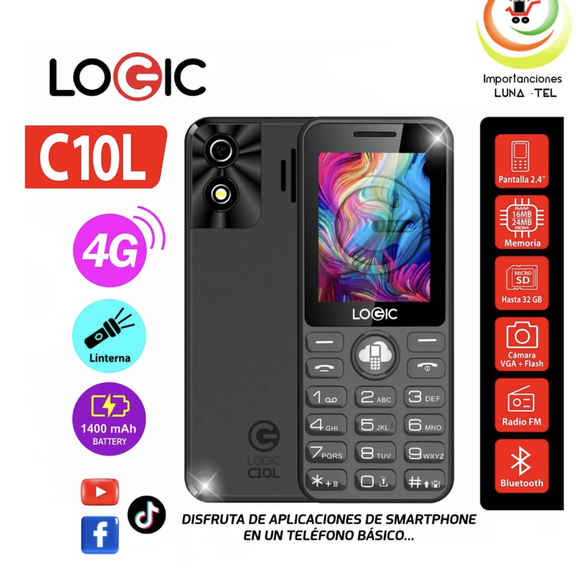 LOGIC - CELULAR BASICO  LOGIC C10L  4G PANTALLA 2.4" Que Te Conecta a Tus Redes Sociales Favoritas