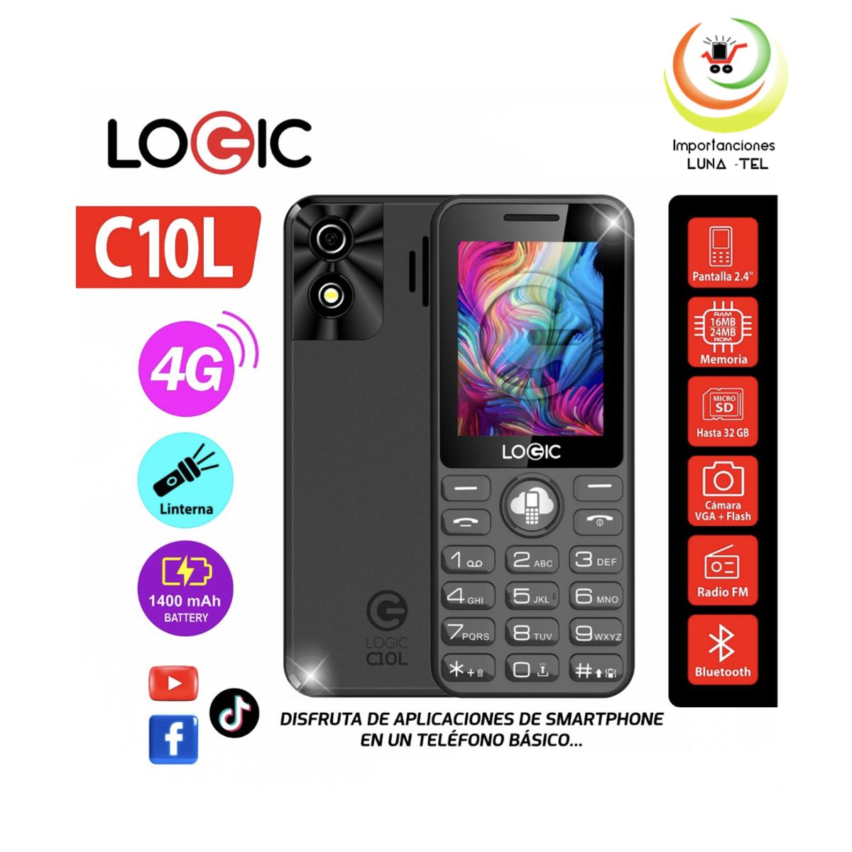 LOGIC - CELULAR BASICO  LOGIC C10L  4G PANTALLA 2.4" Que Te Conecta a Tus Redes Sociales Favoritas