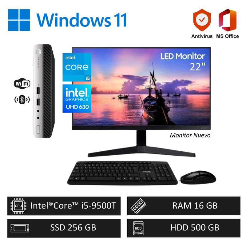 INTEL - Computadora PC Intel ci5-9500T 16GB RAM 256GB SSD+500GB HDD + Monitor 22 FHD