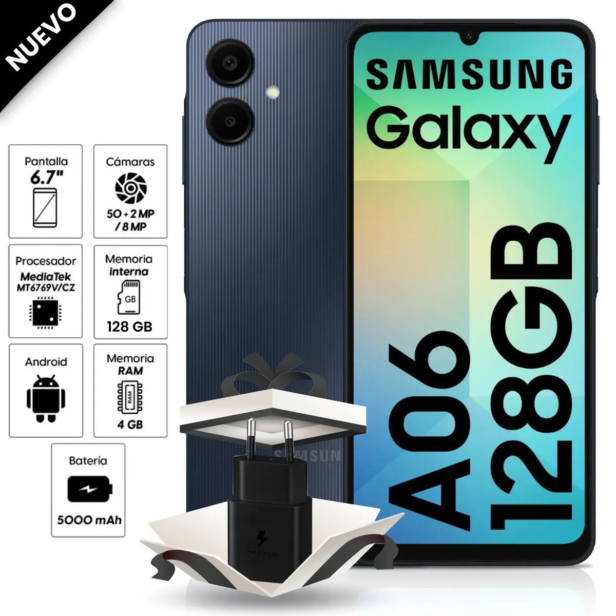 SAMSUNG - Celular Samsung Galaxy A06 128GB, 4GB ram, cámara 50MP + 2 MP frontal 8MP 6.7" negro + Cargador 15W