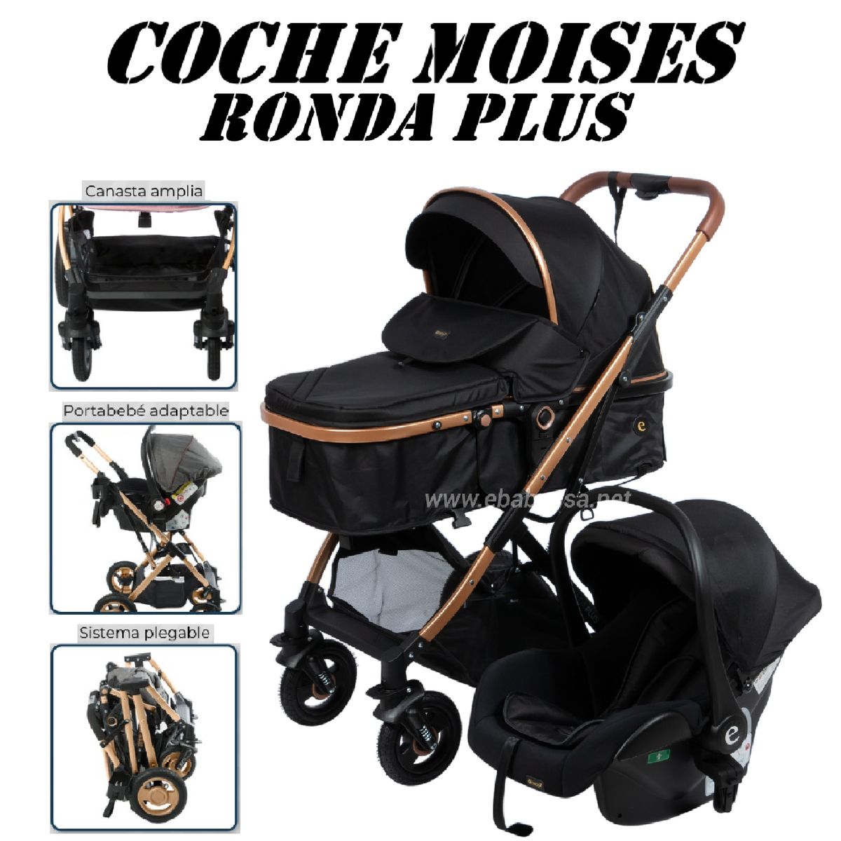EBABY - Coche Moises Con Portabebe Ronda Plus -Negro